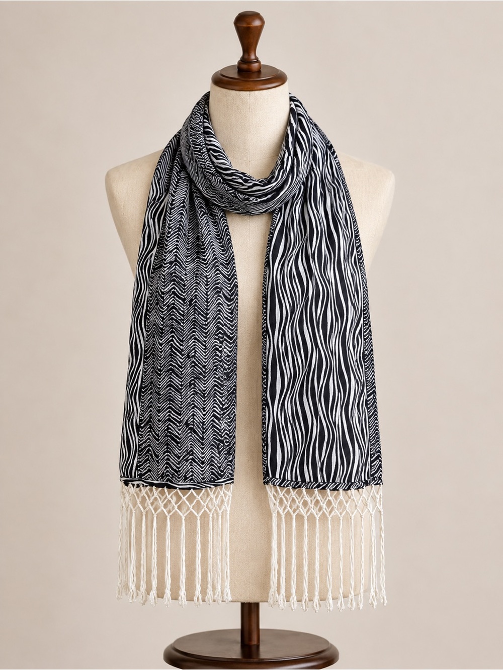 Jessica Black & White Zebra Print Long Fringe Scarf 100% Cotton